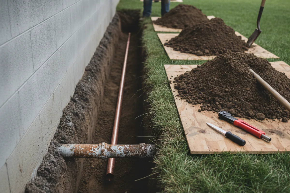 Excavated water line trench during Water Heater Repair in Fulton